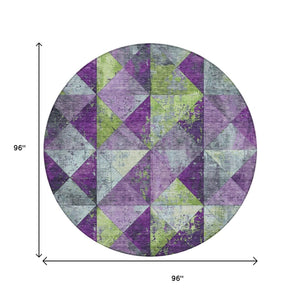 HomeRoots 5' Modern Geometric Purple and Lime Green Washable Area Rug for Indoor and Outdoor Spaces 8' Round 618729