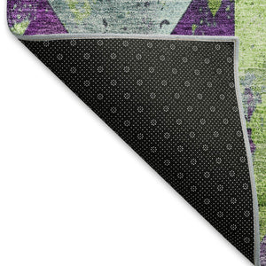 HomeRoots 5' Modern Geometric Purple and Lime Green Washable Area Rug for Indoor and Outdoor Spaces 8' Round 618729