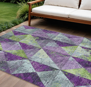 HomeRoots 5' Modern Geometric Purple and Lime Green Washable Area Rug for Indoor and Outdoor Spaces 8' X 10' 618730