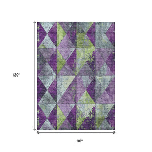 HomeRoots 5' Modern Geometric Purple and Lime Green Washable Area Rug for Indoor and Outdoor Spaces 8' X 10' 618730