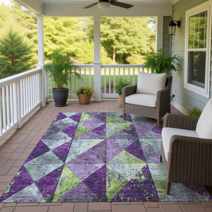HomeRoots 5' Modern Geometric Purple and Lime Green Washable Area Rug for Indoor and Outdoor Spaces 8' X 10' 618730
