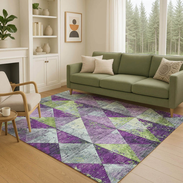 HomeRoots 5' Modern Geometric Purple and Lime Green Washable Area Rug for Indoor and Outdoor Spaces 10' X 14' 618732