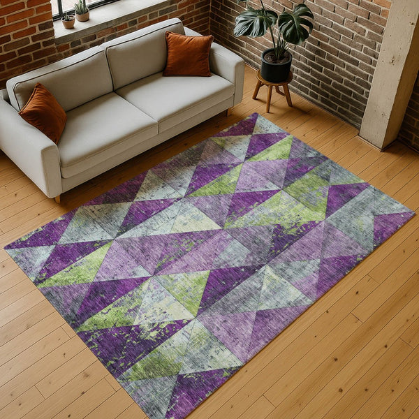 HomeRoots 5' Modern Geometric Purple and Lime Green Washable Area Rug for Indoor and Outdoor Spaces 10' X 14' 618732