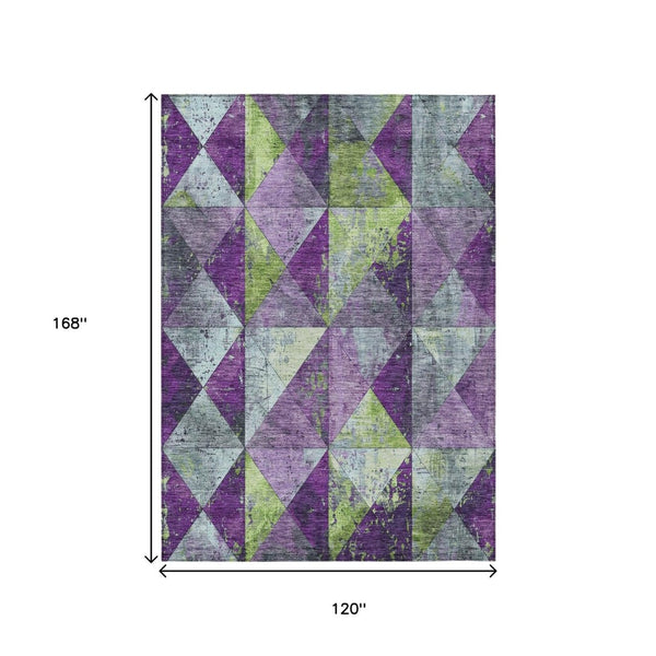 HomeRoots 5' Modern Geometric Purple and Lime Green Washable Area Rug for Indoor and Outdoor Spaces 10' X 14' 618732