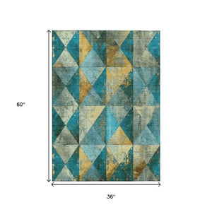 Homeroots 3' Stylish Geometric Washable Area Rug For Indoor & Outdoor Use – Durable, Stain-resistant Design Teal Polyester 618739