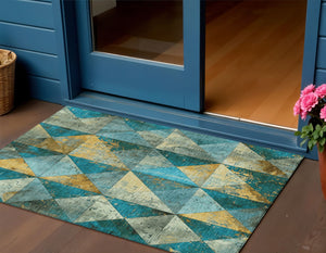 Homeroots 3' Stylish Geometric Washable Area Rug For Indoor & Outdoor Use – Durable, Stain-resistant Design Teal Polyester 618739