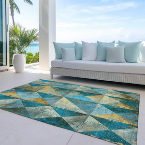 Homeroots 3' Stylish Geometric Washable Area Rug For Indoor & Outdoor Use – Durable, Stain-resistant Design Teal Polyester 618739