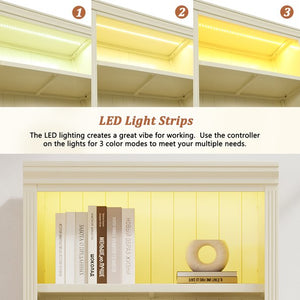 English Elm 83" 5-Tier Bookcase Suite with LED Light Strip, Adjustable Shelves, Cable Management & Solid Wood Frame Beige+yellow N751S246920A