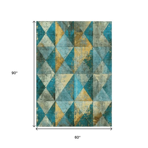 Homeroots 3' Stylish Geometric Washable Area Rug For Indoor & Outdoor Use – Durable, Stain-resistant Design Teal Polyester 618740