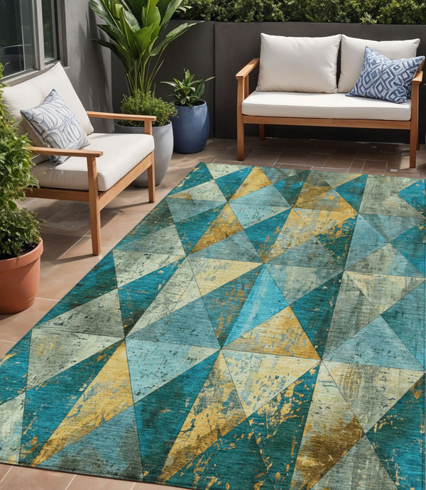 Homeroots 3' Stylish Geometric Washable Area Rug For Indoor & Outdoor Use – Durable, Stain-resistant Design Teal Polyester 618740