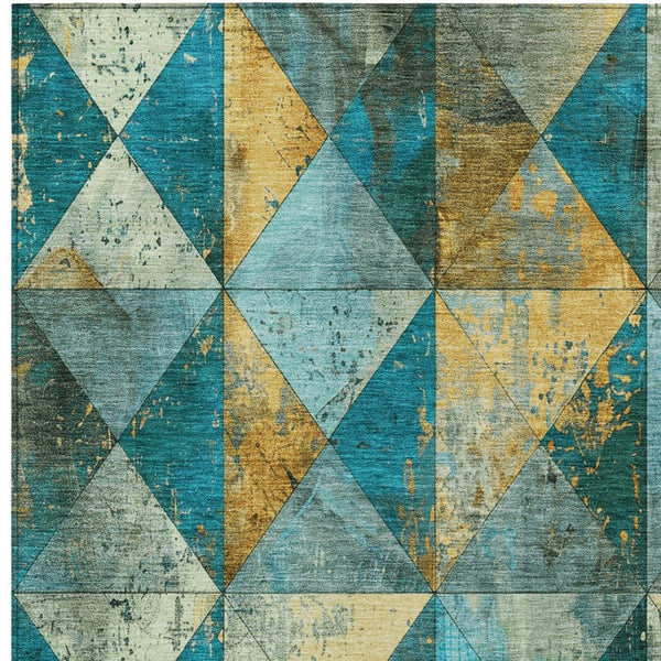 Homeroots 3' Stylish Geometric Washable Area Rug For Indoor & Outdoor Use – Durable, Stain-resistant Design Teal Polyester 618740