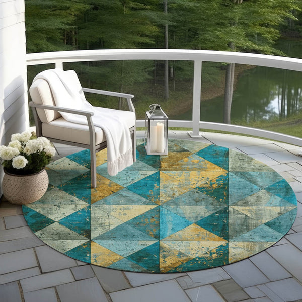 Homeroots 3' Stylish Geometric Washable Area Rug For Indoor & Outdoor Use – Durable, Stain-resistant Design Teal Polyester 618741