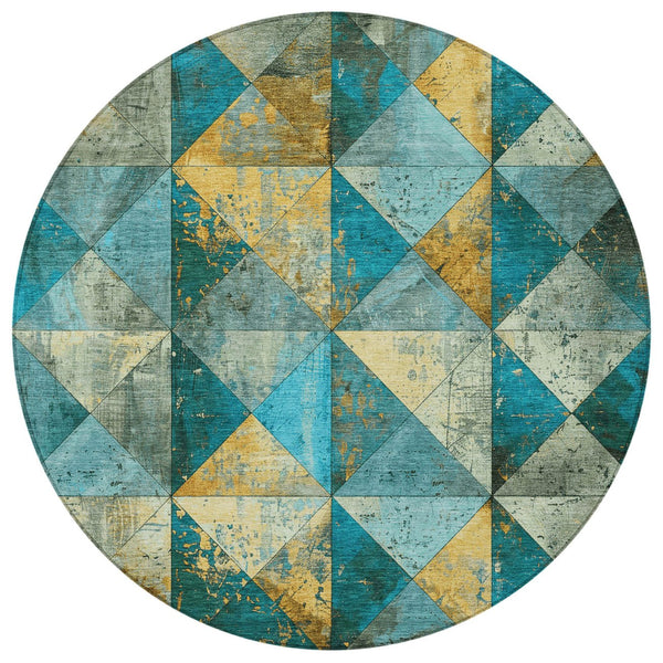 Homeroots 3' Stylish Geometric Washable Area Rug For Indoor & Outdoor Use – Durable, Stain-resistant Design Teal Polyester 618741