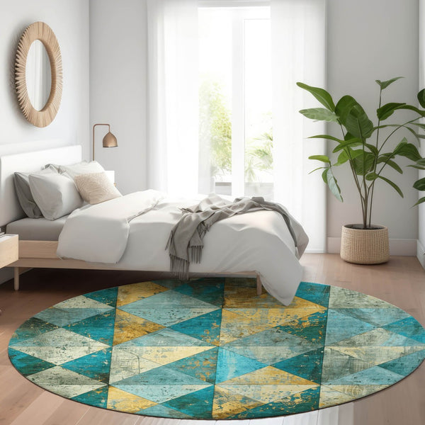 Homeroots 3' Stylish Geometric Washable Area Rug For Indoor & Outdoor Use – Durable, Stain-resistant Design Teal Polyester 618741