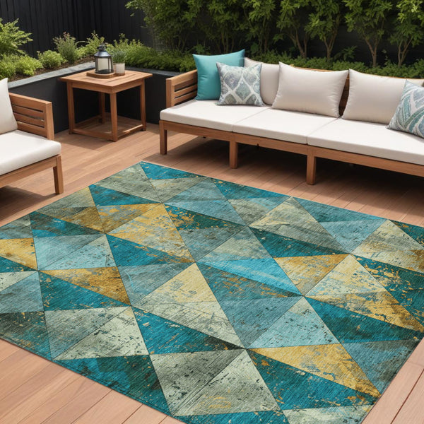Homeroots 3' Stylish Geometric Washable Area Rug For Indoor & Outdoor Use – Durable, Stain-resistant Design Teal Polyester 618742