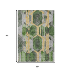 Homeroots 3' X 5' Geometric Washable Indoor Outdoor Area Rug - Stylish, Durable, And Easy To Maintain For Any Space Green Polyester 618746