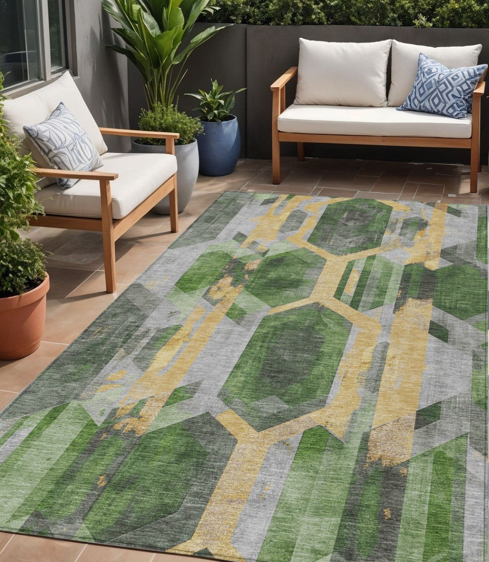 HomeRoots 5' Vibrant Green, Gold & Silver Geometric Area Rug - Durable, Washable for Indoor & Outdoor Spaces 5' X 8' 618746