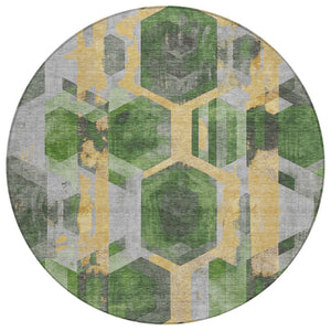 HomeRoots 5' Vibrant Green, Gold & Silver Geometric Area Rug - Durable, Washable for Indoor & Outdoor Spaces 8' Round 618747
