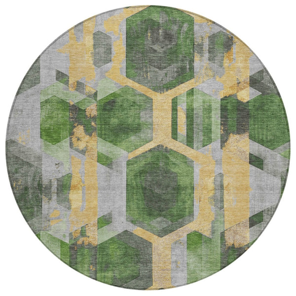 HomeRoots 5' Vibrant Green, Gold & Silver Geometric Area Rug - Durable, Washable for Indoor & Outdoor Spaces 8' Round 618747