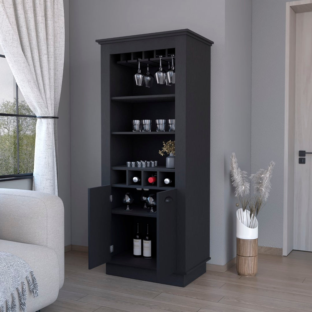 English Elm Hampton Tall Bar Cabinet with Wine Rack Glass Holder and Enclosed Storage Shelves B128S00226