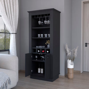 English Elm Hampton Tall Bar Cabinet with Wine Rack Glass Holder and Enclosed Storage Shelves B128S00226