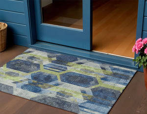 Homeroots 3' X 5' Geometric Washable Indoor Outdoor Area Rug - Stylish, Durable, And Easy To Maintain For Any Space Navy Polyester 618751