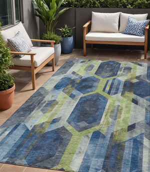 Homeroots 3' X 5' Geometric Washable Indoor Outdoor Area Rug - Stylish, Durable, And Easy To Maintain For Any Space Navy Polyester 618752