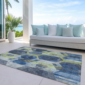 Homeroots 3' X 5' Geometric Washable Indoor Outdoor Area Rug - Stylish, Durable, And Easy To Maintain For Any Space Navy Polyester 618752