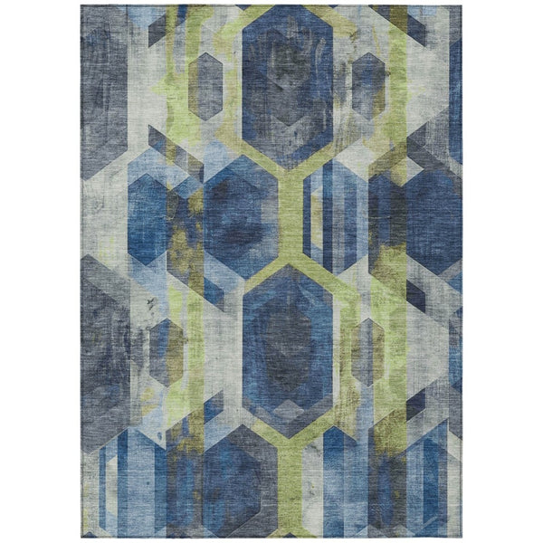 HomeRoots 5' Modern Navy Blue Geometric Area Rug with Gold and Silver Accents - Washable for Indoor/Outdoor Use 5' X 8' 618752