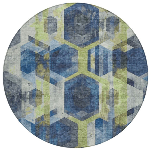 HomeRoots 5' Modern Navy Blue Geometric Area Rug with Gold and Silver Accents - Washable for Indoor/Outdoor Use 8' Round 618753