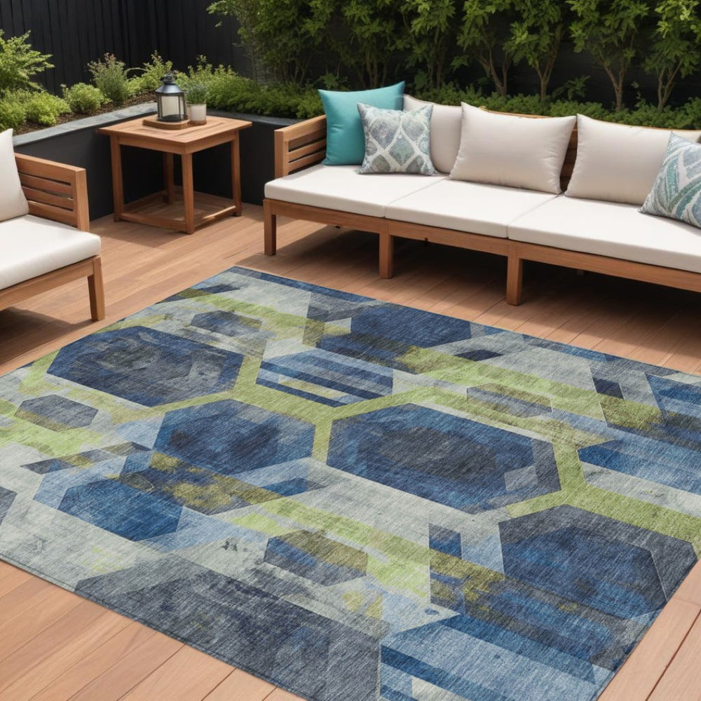 HomeRoots 5' Modern Navy Blue Geometric Area Rug with Gold and Silver Accents - Washable for Indoor/Outdoor Use 10' X 14' 618756