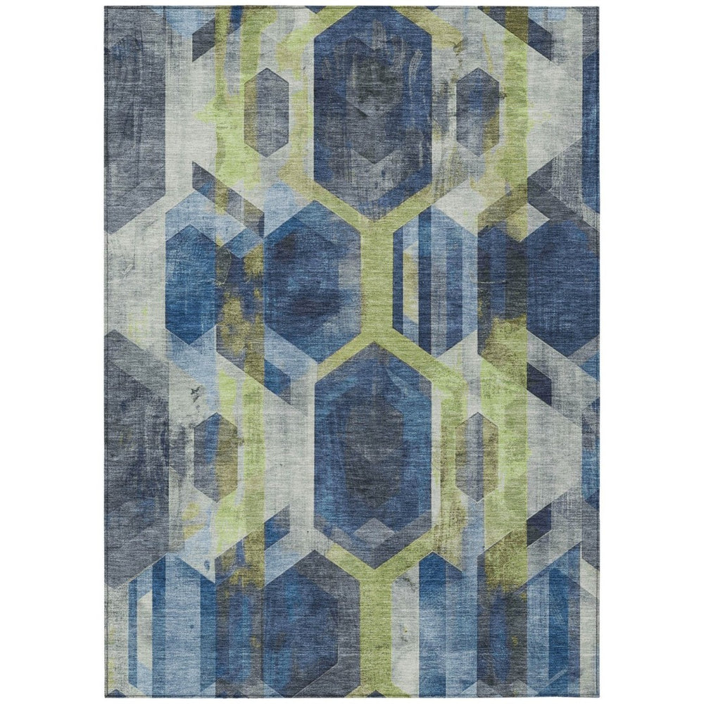 HomeRoots 5' Modern Navy Blue Geometric Area Rug with Gold and Silver Accents - Washable for Indoor/Outdoor Use 10' X 14' 618756