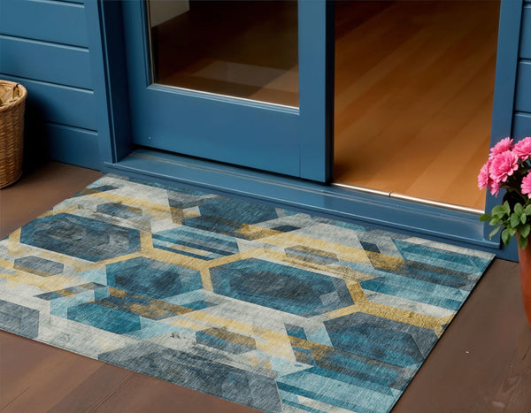 Homeroots 3' X 5' Geometric Washable Indoor Outdoor Area Rug - Stylish, Durable, And Easy To Maintain For Any Space Teal Polyester 618757