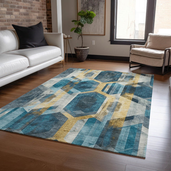 Homeroots 3' X 5' Geometric Washable Indoor Outdoor Area Rug - Stylish, Durable, And Easy To Maintain For Any Space Teal Polyester 618758