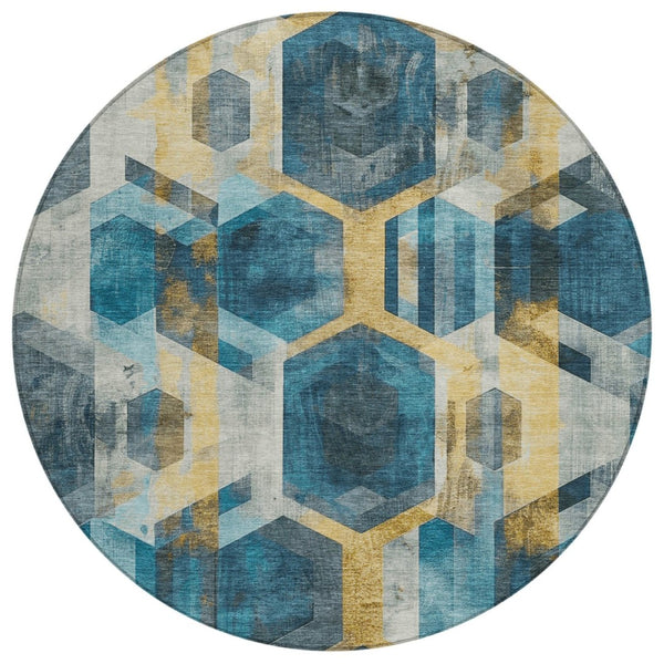 HomeRoots 5' Vibrant Teal Blue Geometric Indoor Outdoor Area Rug - Stain-Resistant, Easy-Care, Versatile Style 8' Round 618759