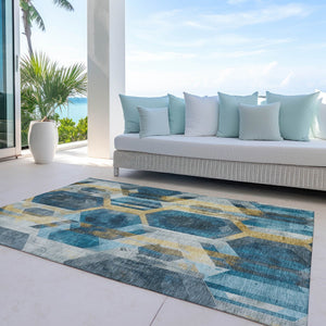 Homeroots 3' X 5' Geometric Washable Indoor Outdoor Area Rug - Stylish, Durable, And Easy To Maintain For Any Space Teal Polyester 618760