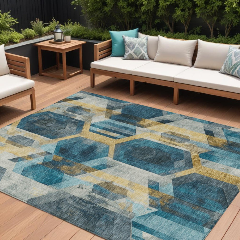 HomeRoots 5' Vibrant Teal Blue Geometric Indoor Outdoor Area Rug - Stain-Resistant, Easy-Care, Versatile Style 10' X 14' 618762