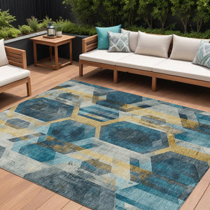 Homeroots 3' X 5' Geometric Washable Indoor Outdoor Area Rug - Stylish, Durable, And Easy To Maintain For Any Space Teal Polyester 618762