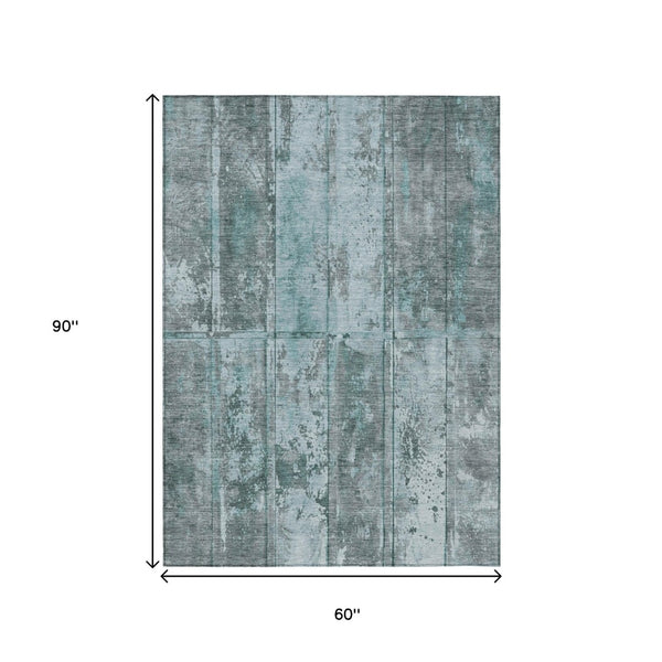 HomeRoots 5' Teal Blue Charcoal Gray Abstract Area Rug - Stylish, Durable, Washable, Indoor/Outdoor Versatility 5' X 8' 618782