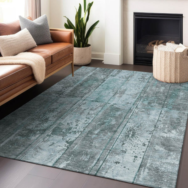 HomeRoots 5' Teal Blue Charcoal Gray Abstract Area Rug - Stylish, Durable, Washable, Indoor/Outdoor Versatility 8' X 10' 618784