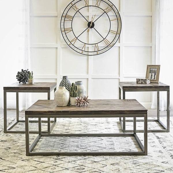 English Elm Steve Silver - Lorenza Distressed Chevron 3-Piece Table Set Brown — Rustic Honey Finish, Sturdy Iron Base, Versatile Decor B081S00382