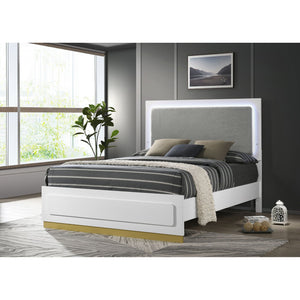 English Elm Sophia Queen Bed with LED Panel Headboard, White Okume Veneer, Light Grey Fabric, Modern Chic Design B062S00612