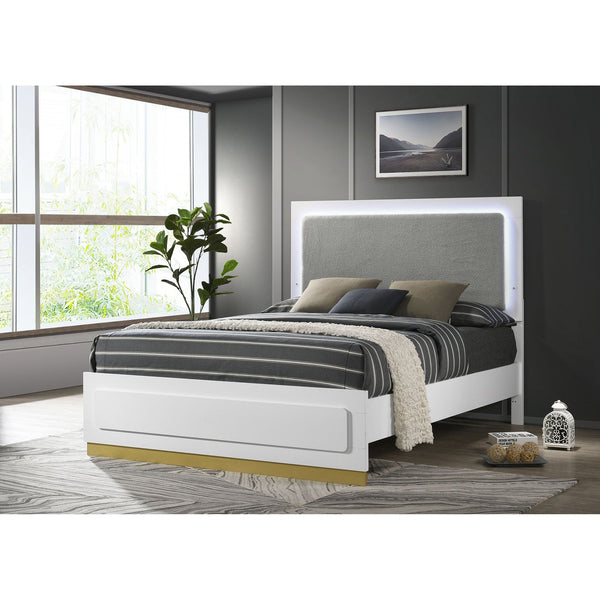 English Elm Sophia Queen Bed with LED Panel Headboard, White Okume Veneer, Light Grey Fabric, Modern Chic Design B062S00612