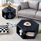 English Elm Modern Minimalist Black Hexagonal Coffee Table Set.Hexagonal Mdf Coffee Table, Characteristic Pattern Stickers, Multi-Hole Design To Give More Storage Space.Two Coffee Tables Of Different Sizes.