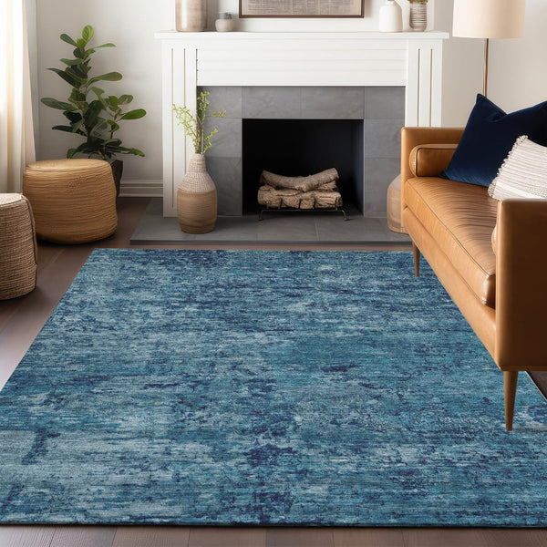 HomeRoots 5' X 8' Denim Blue and Navy Abstract Area Rug - Washable, Durable, Indoor/Outdoor, Modern Design! 618830