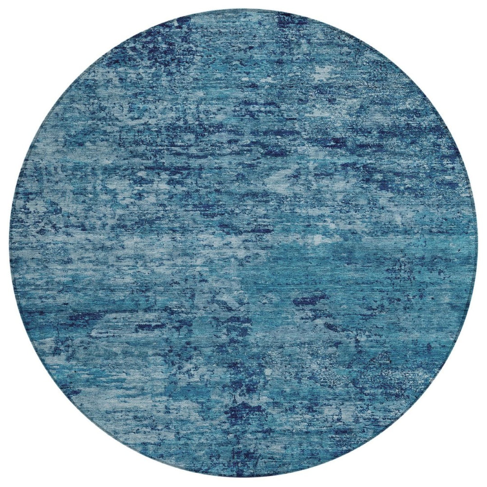 HomeRoots 8' Round Denim and Navy Blue Abstract Area Rug – Washable, Durable, Indoor/Outdoor Modern Design 618831