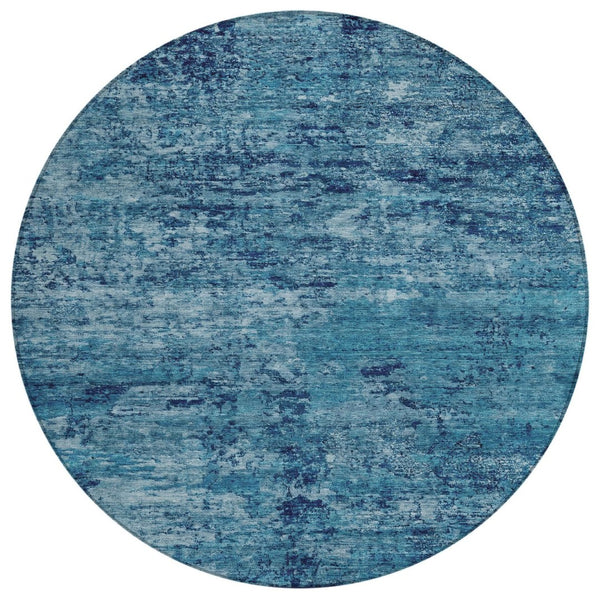 HomeRoots 8' Round Denim and Navy Blue Abstract Area Rug – Washable, Durable, Indoor/Outdoor Modern Design 618831