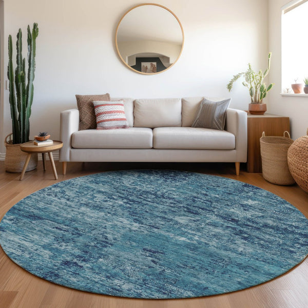 HomeRoots 8' Round Denim and Navy Blue Abstract Area Rug – Washable, Durable, Indoor/Outdoor Modern Design 618831