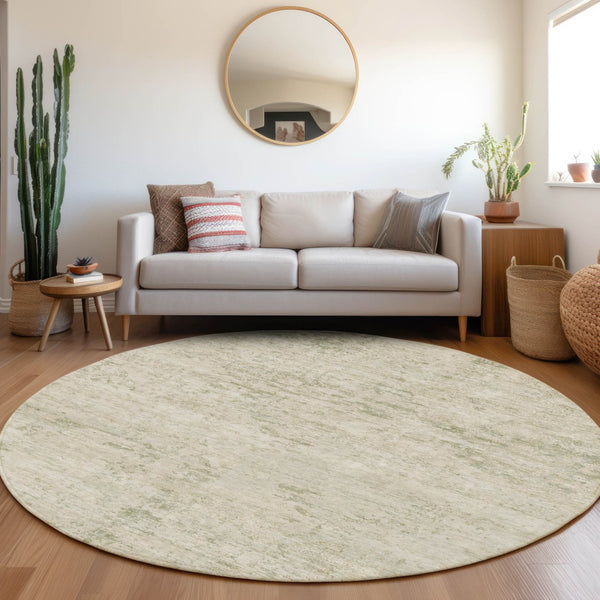 HomeRoots 8' Round Abstract Area Rug in Linen and Beige - Durable, Washable, Indoor/Outdoor Style for All Spaces 618843