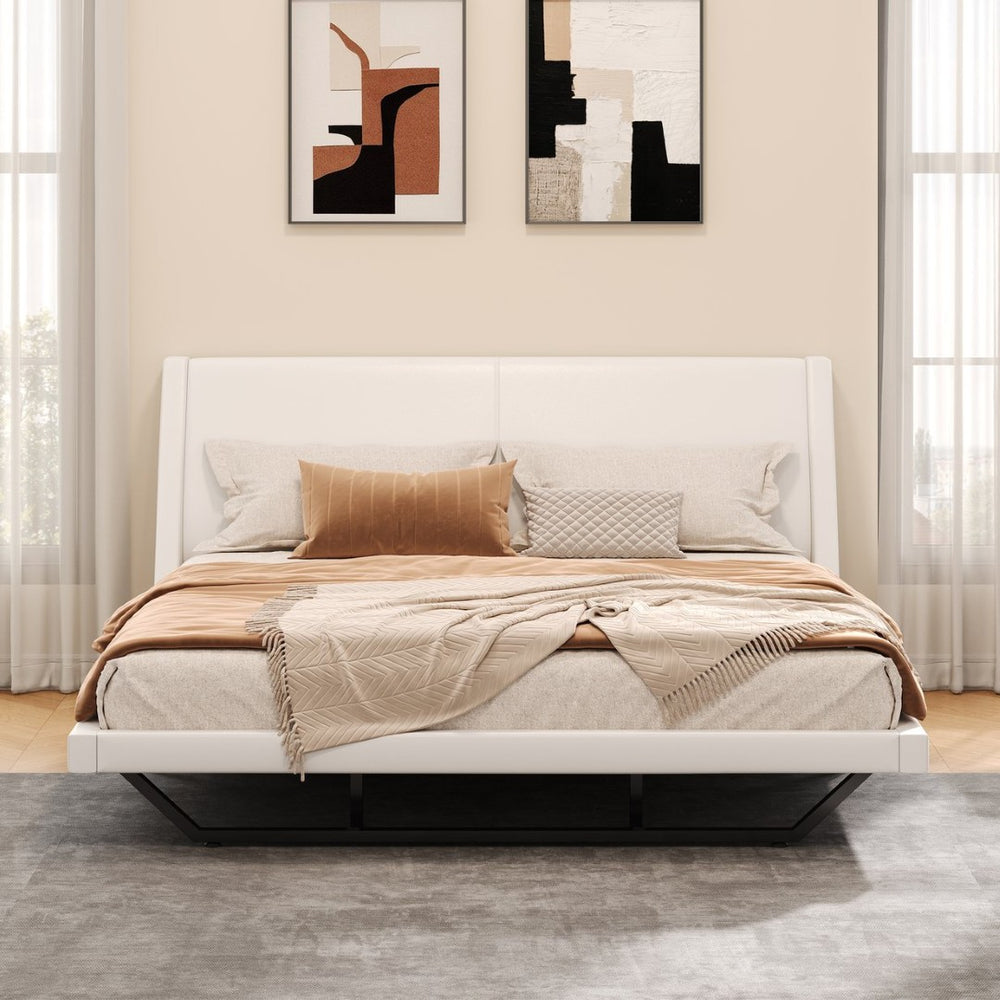 English Elm Queen Pu Leather Platform Bed Sculptural Wave Base Floating Silhouette Modern Bedroom White N761S0000032W